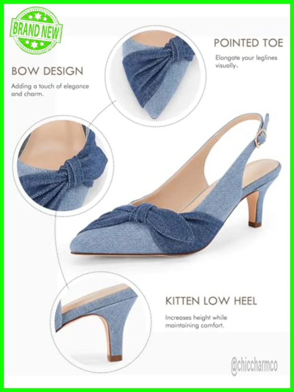 Denim Kitten Heels Slingback Pumps Closed Pointed Toe Dress Shoes